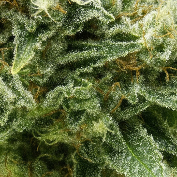 Macro de flores de Auto New York City CBD com tricomas brilhantes e pistilos alaranjados.