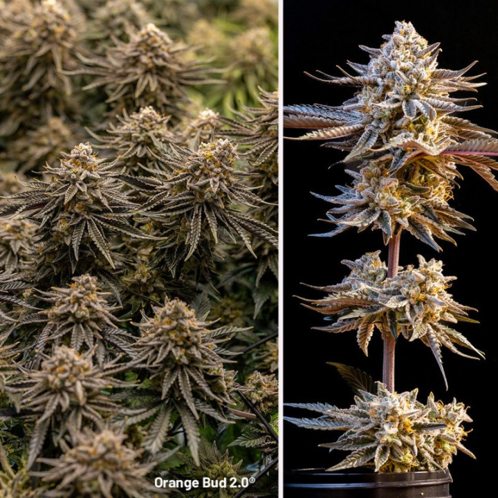 Planta Orange Kush em floração: Orange Bud 2.0 da Dutch Passion com estrutura compacta e cogumelos densos cobertos de resina
