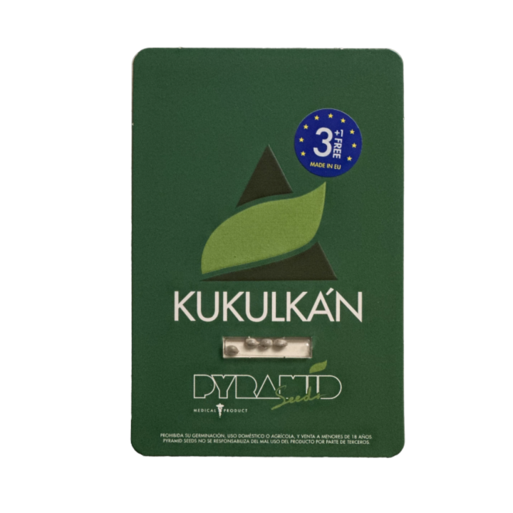 Embalagem Kukulkán Pyramid Seeds – genética feminizada de alto rendimento com 20% THC e perfil aromático doce e fresco.