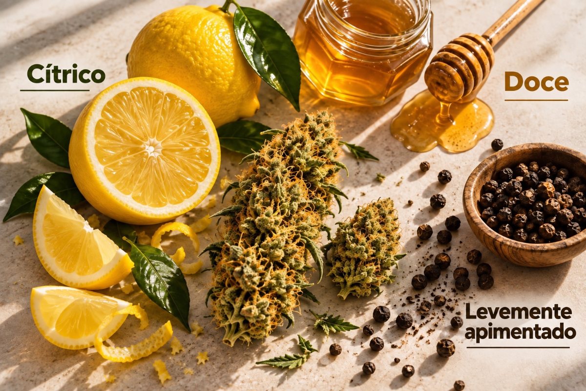 Perfil aromático da Amnesia Gold: cítrico, doce e levemente apimentado | Pyramid Seeds Brasil