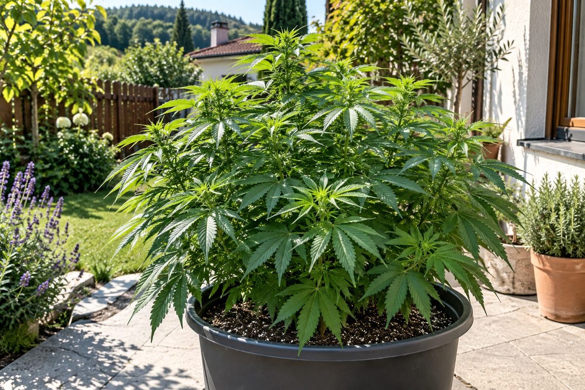 Cultivo outdoor de maconha em vaso grande no quintal, ao sol | Pyramid Seeds Brasil