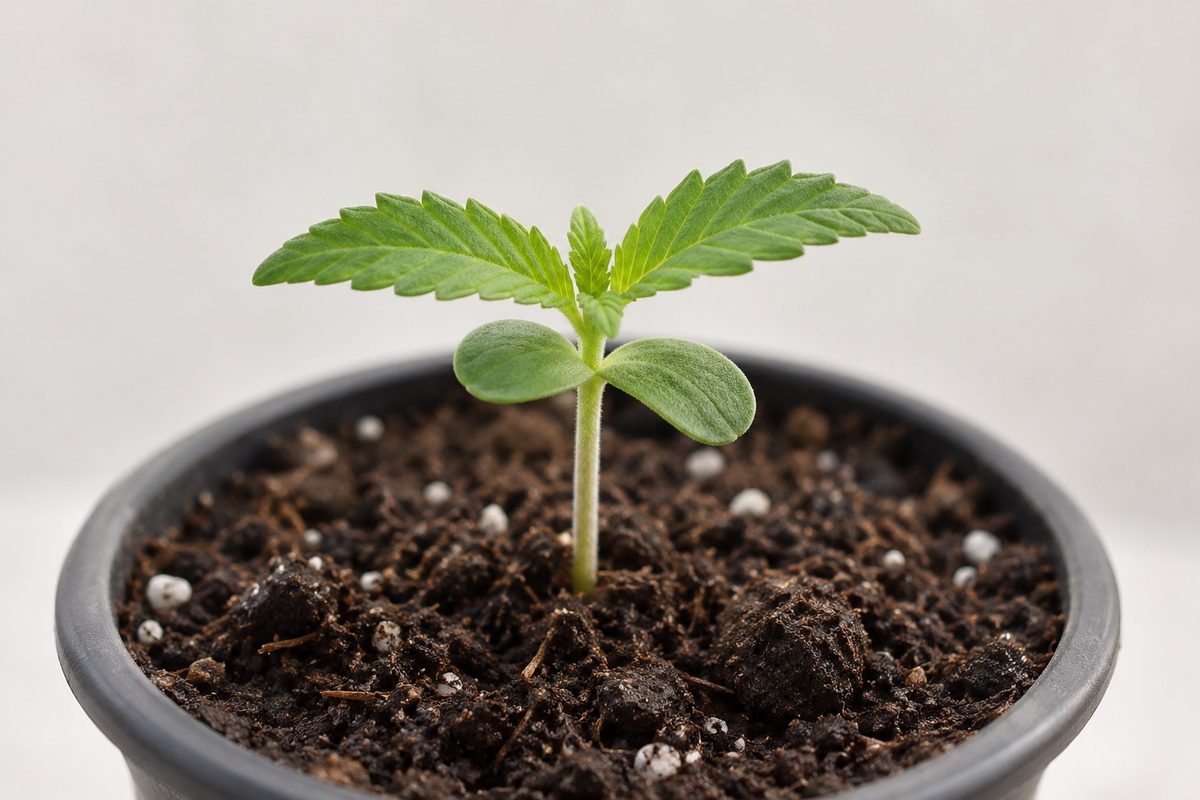 Muda de maconha no vaso com cotilédones e as primeiras folhas serrilhadas | Pyramid Seeds Brasil